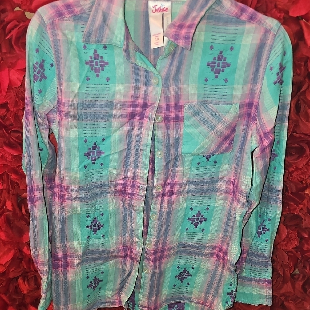 Justice Girls Teal and Purple Plaid Shirt Size 10